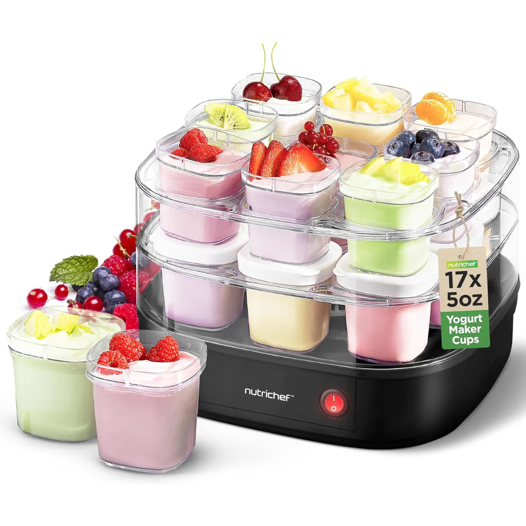 Nutrichef 17 Cup Automatic Yogurt Maker Reusable Cups with Lids