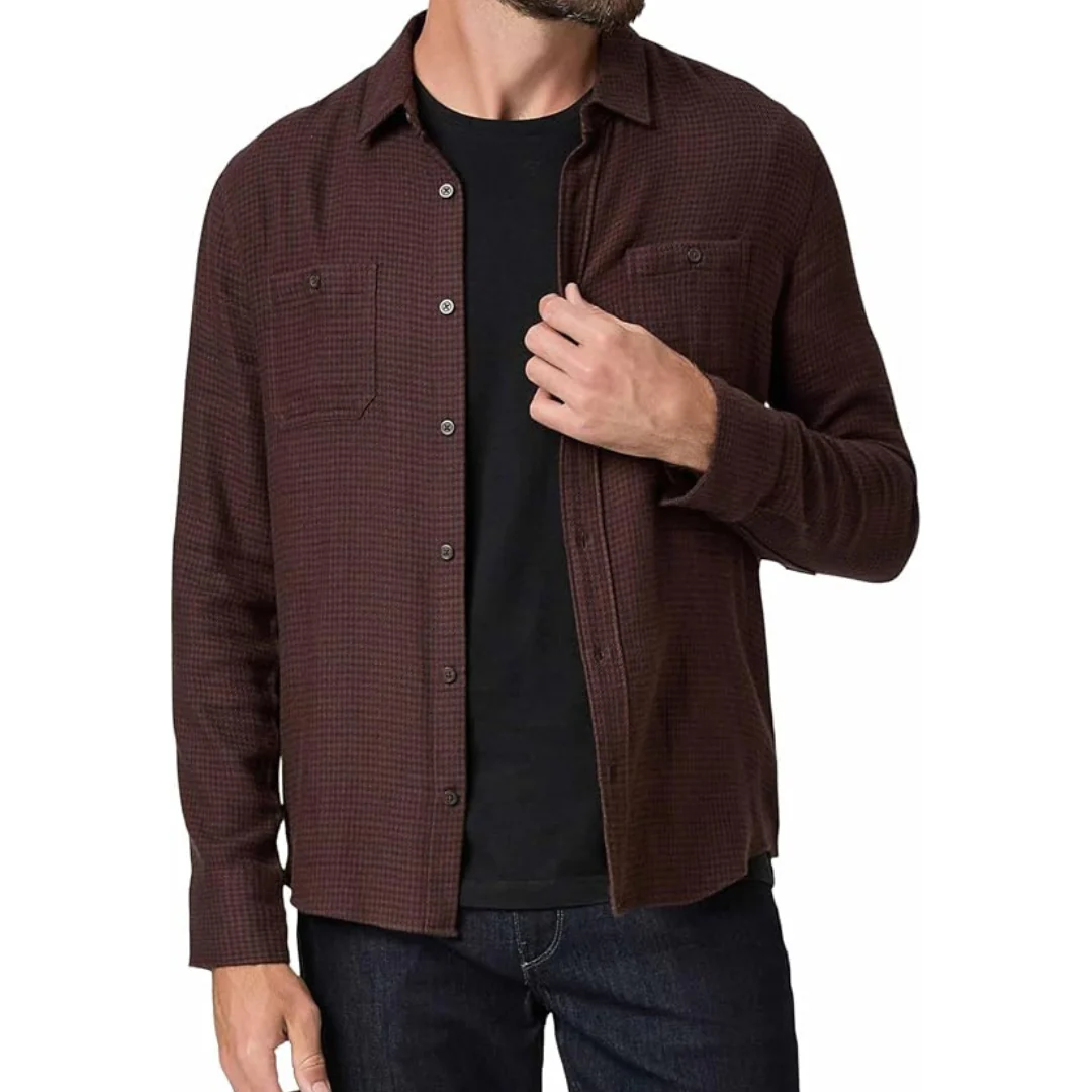PAIGE Men's Everett Long Sleeve Plaid Shirt (Small in Carbanolo/Caffeine)