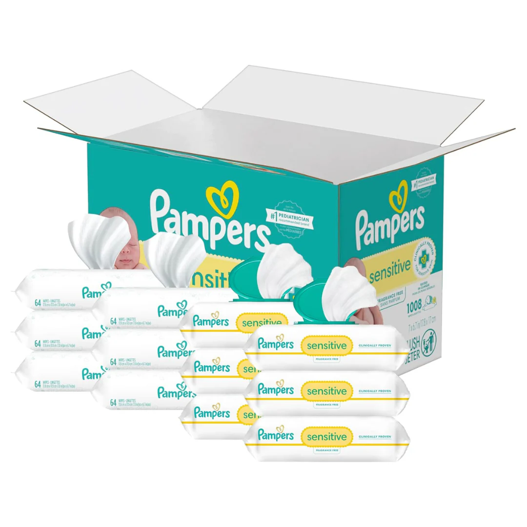 Pampers Sensitive Baby Wipes, Water Based (8 Flip-Top Packs, 4 Refill Packs, 1008 Wipes Total)