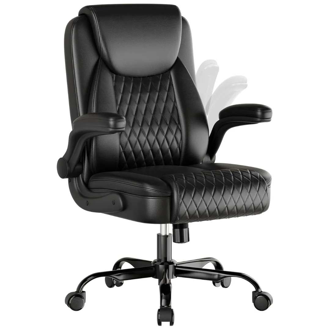 PU Leather Office Chair with Flip-up Arms and Ergonomic Back, 400lbs