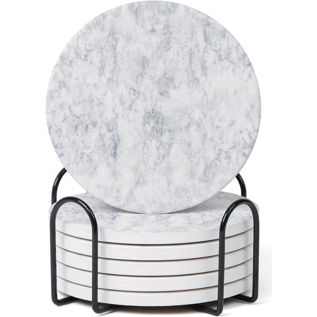 Set of 6 Hoomey White Abstract Onyx Marble Coasters W/ Holder