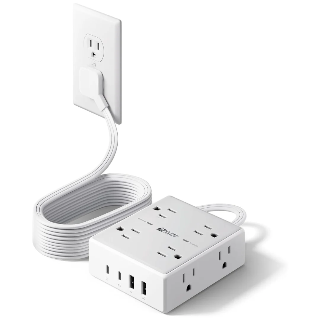 Superdanny 8 Outlet & 4 USB 1050J Surge Power Strip W/ 10' Flat Plug Cord