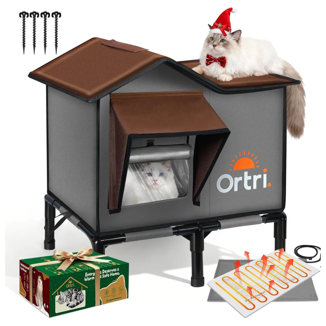 Weatherproof & Insulated Outdoor Heated Cat House W/ Heating Pad