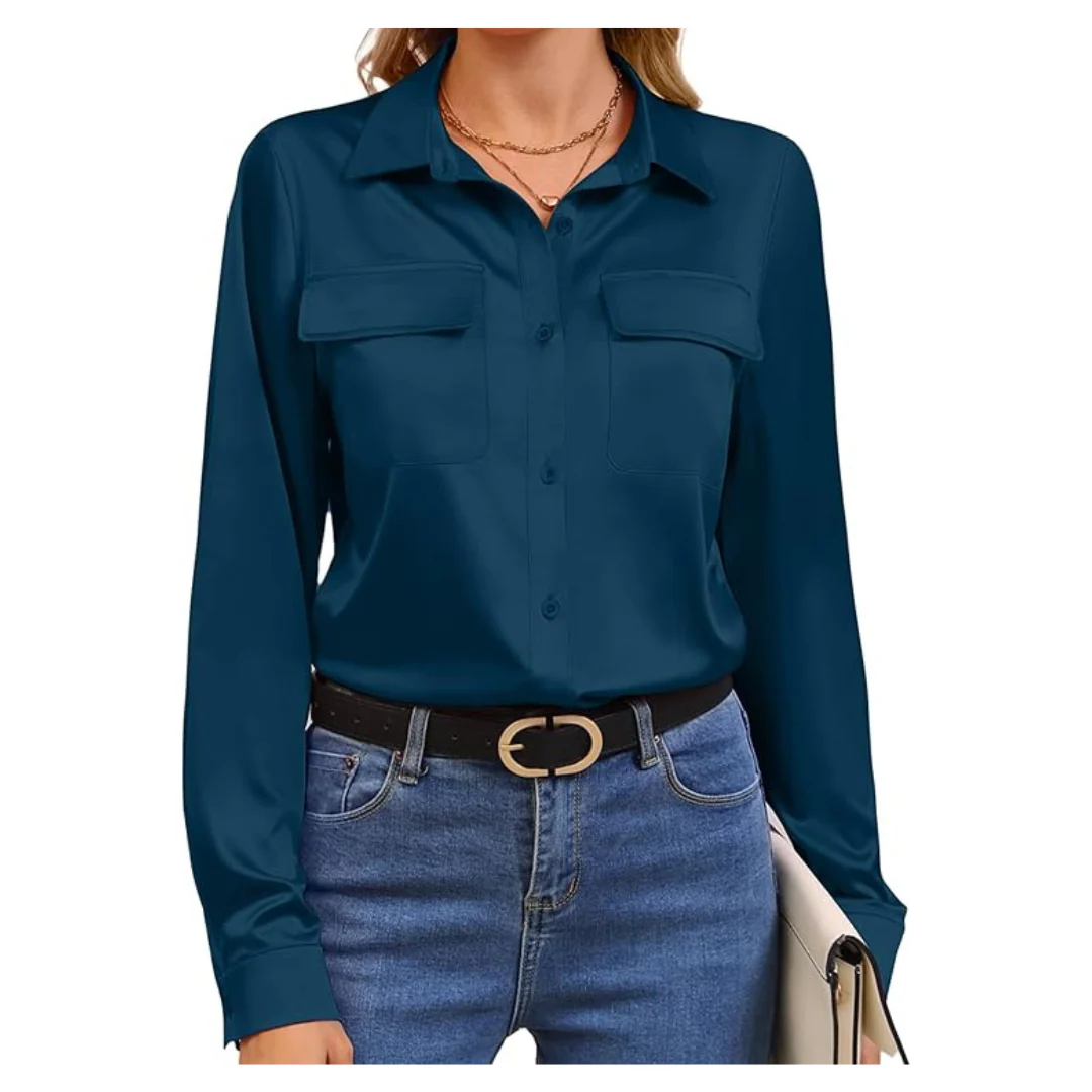 Women's Satin Slim-Fit Long Sleeve V Neck Button Down Shirt
