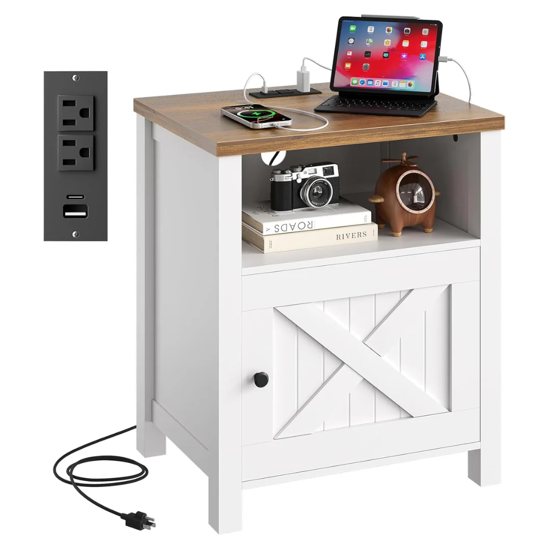 Wood Bedside Farmhouse Nightstand Table W/ Charging Station